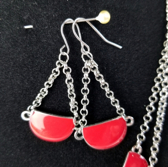 Retro Red Enamel & Silver Tone Necklace & Earrings - Picture 4 of 14